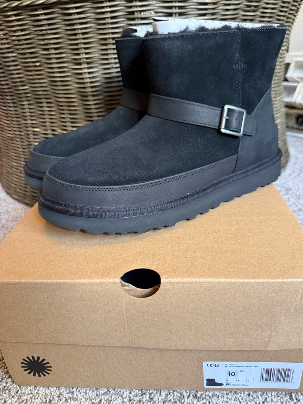 UGG Bellina Black Suede Shearling Buckle Short Boot